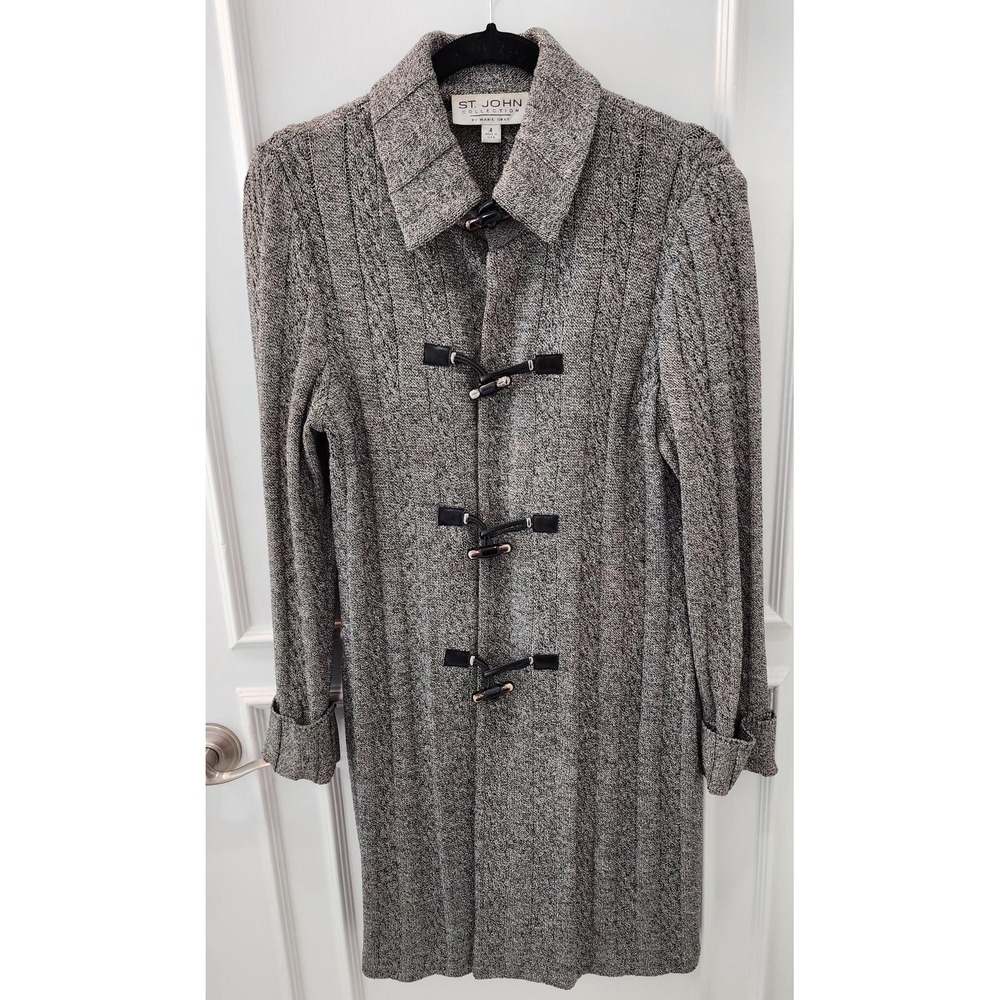 Vintage St John Collection Jacket Cardigan Womens 4 Gray Knit Toggle Leather USA